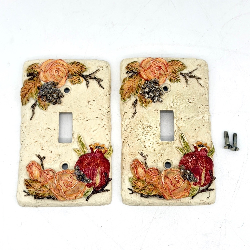 Vintage Style Pomegranate Rose Resin Light Switch Covers Set of 2 Cream Floral